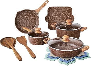 Pots and Pans Set Non stick, 14-Piece Cast Aluminum Cookware, Non Stick Kitchen Cooking, with Frying Pans & cooking utensils set Brown Speckle
