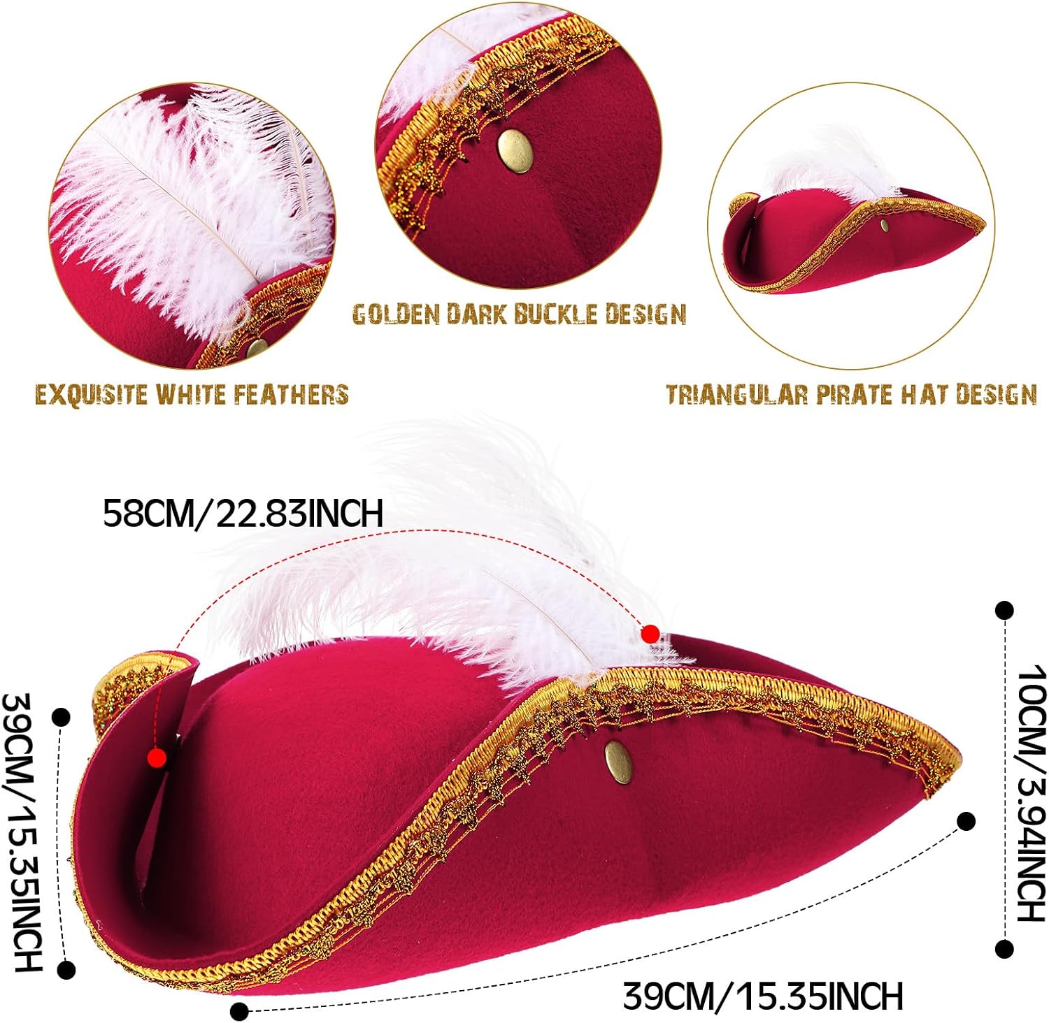 Liitrsh 2 Pcs Tricorn Pirate Hat with Feather, Buccaneer Colonial Hat for Adults Renaissance Costume for Halloween Party