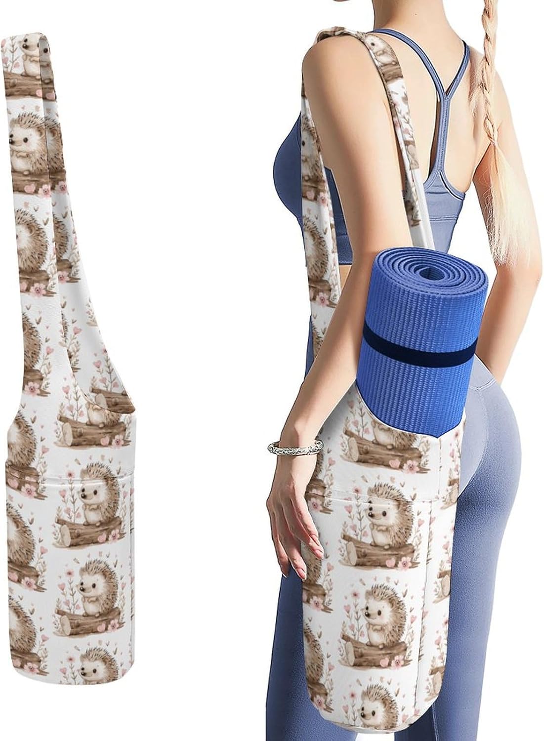 Yoga Mat Carrying Bag,Hedgehog Sitting on Top Printed Women's Yoga Bag with Multi-Functional Storage Pockets,Large Yoga Mat Bag Fits Most Size Yoga Mats