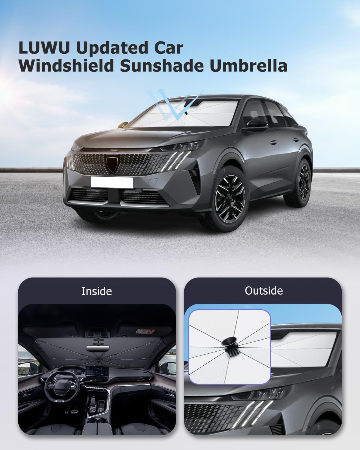 LUWU [Aggiornato] Ombrello Parasole Auto Compatibile con Peugeot 3008 2016-2024 Parabrezza Parasole Auto ad Ombrello Pieghevole per Parabrezza Anteriore Interno 3008 Accessori