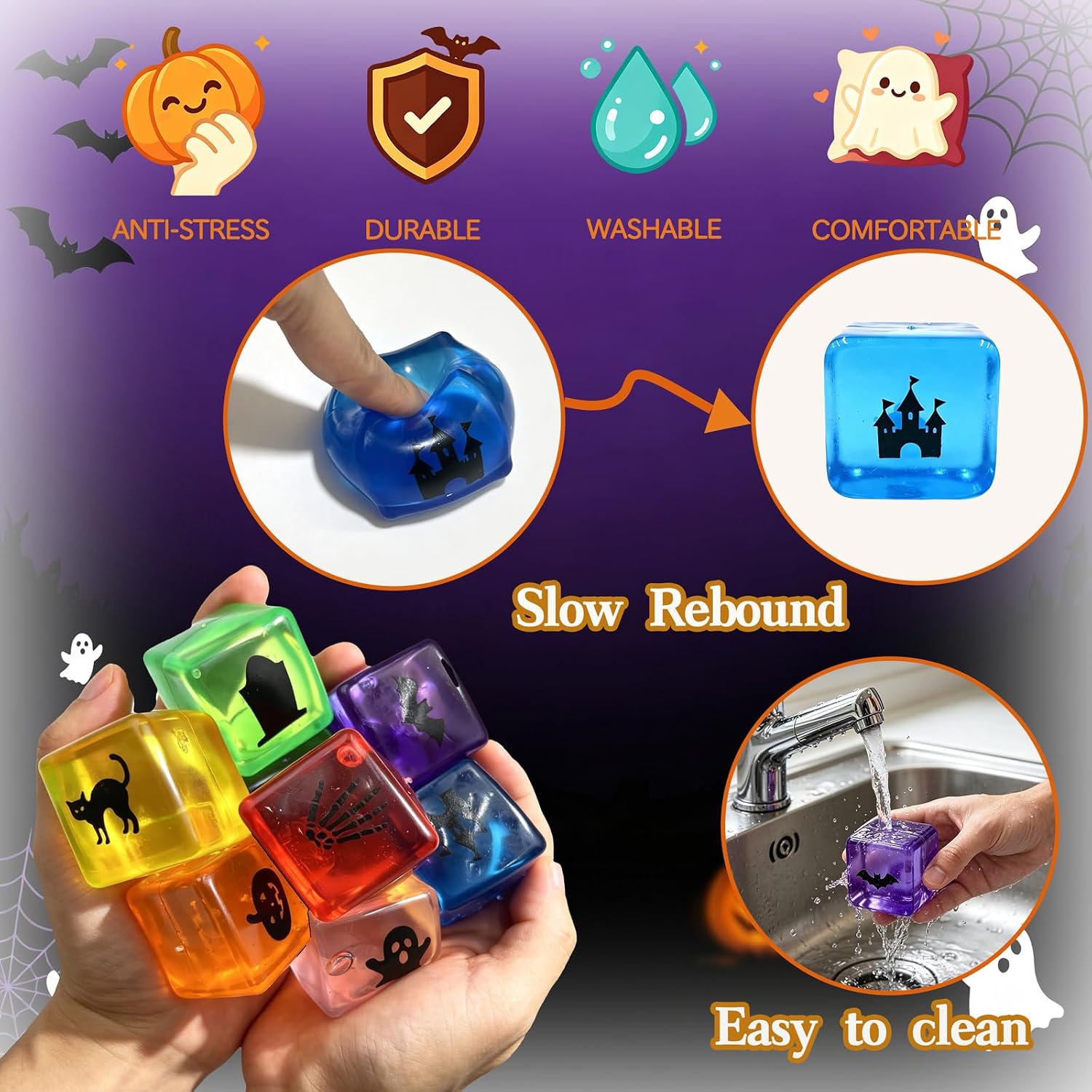 8Pack Printed Halloween Cube Squishies Stress Balls, Fidget Toys for Kids image 4