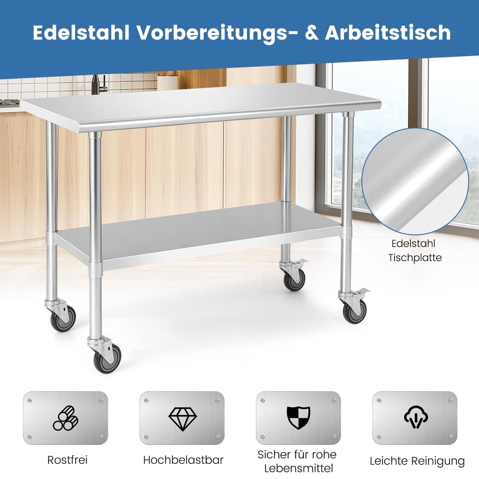 COSTWAY Arbeitstisch Edelstahl, Küchentisch Edelstahltisch mit Höhenverstellbarer Ablage, Zubereitungstisch mit abschließbaren Rollen, Ablagetisch für Küche Restaurant, Silber