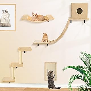 Cat Wall Furniture Set-Cat Wall Shelves Include Cat Scratcher Pad, Cat Hammock, Cat Condo with Cat Bridge, Cat Step with C...