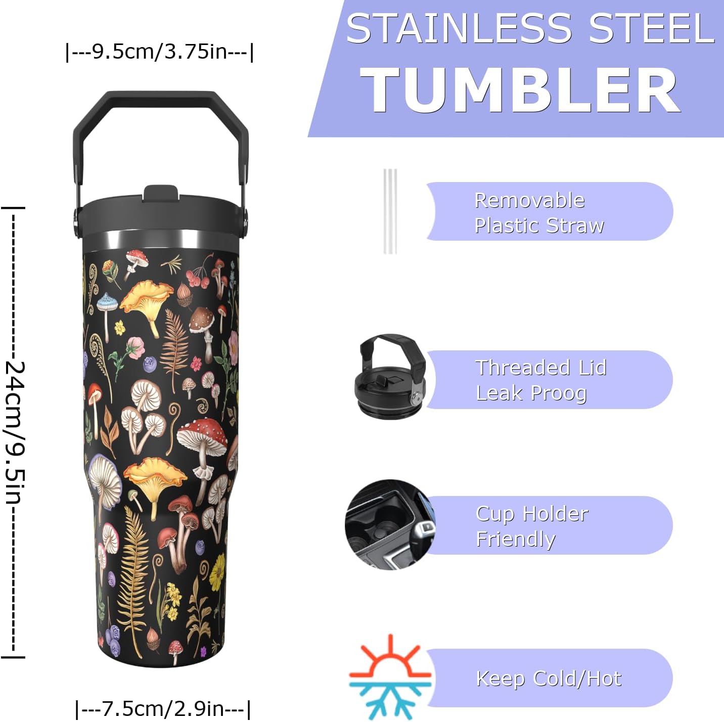 Mushroom Tumbler with Top Handle Lid and Straw Insulated Water Bottle with Travel Mug for Cars Cup Coffe Mugs for Men Women Drink Hot and Cold (Fern, 30oz) - Image 2