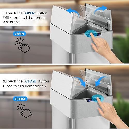Miniatura 5 de Arlopu Basurero automático de 18.5 galones, cubo de basura con sensor de movimiento de acero inoxidable de 70 L, papelera cepillada sin contacto,