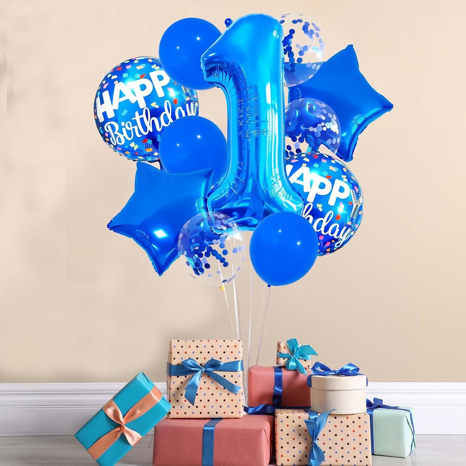 32 Inch 1 Balloon Number, Dark Blue Balloon, Blue Confetti Latex Balloon Foil Number 1 Balloons for Anniversary Supplies Kids Birthday Party Banquet Decoration image 5