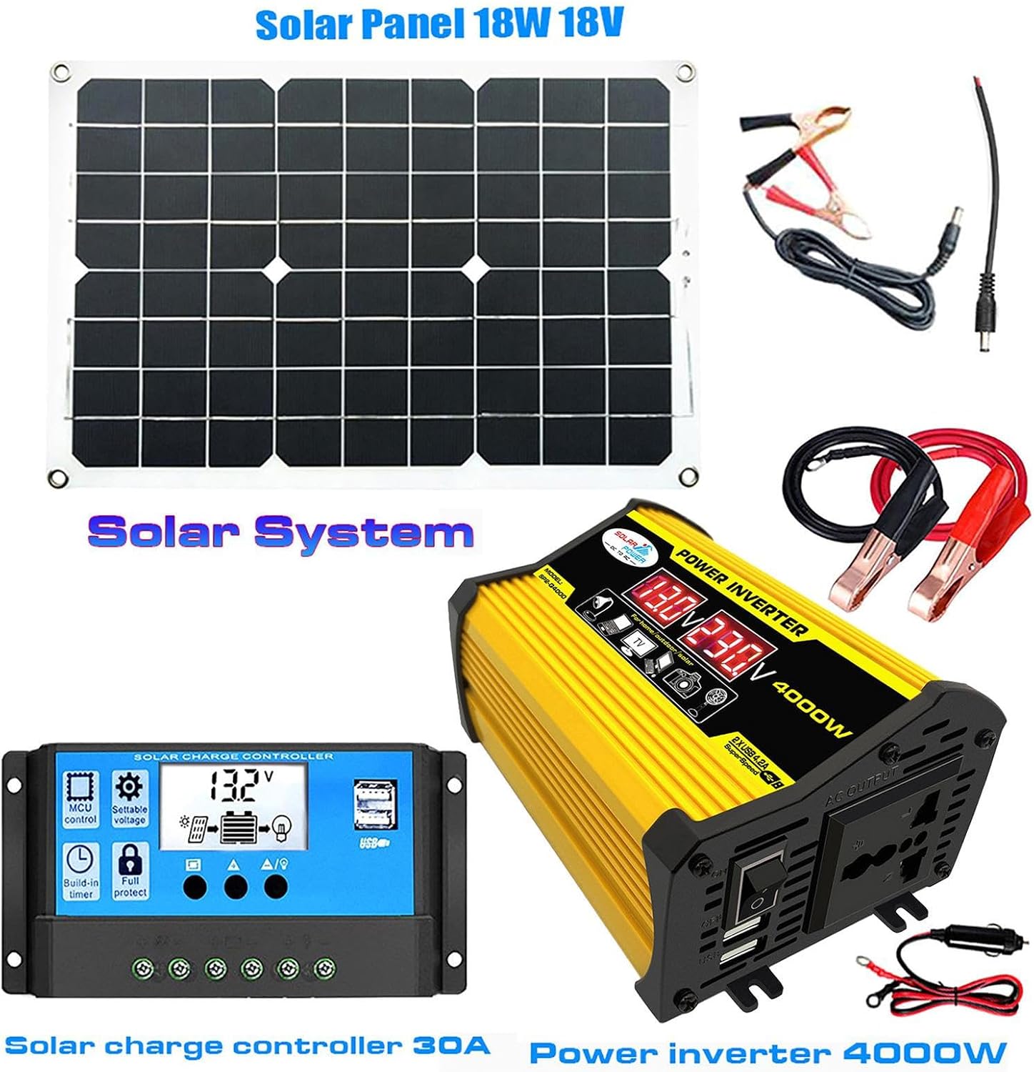 Portable Solar Powers System - 4000W Powers Inverter With 2 USB Port & Ac Outlet, 18W Monocrystalline Solar Panel Kit, 30A Automatic Solar Charge Controller, Fast Charging For Emergencyy Powers Supply