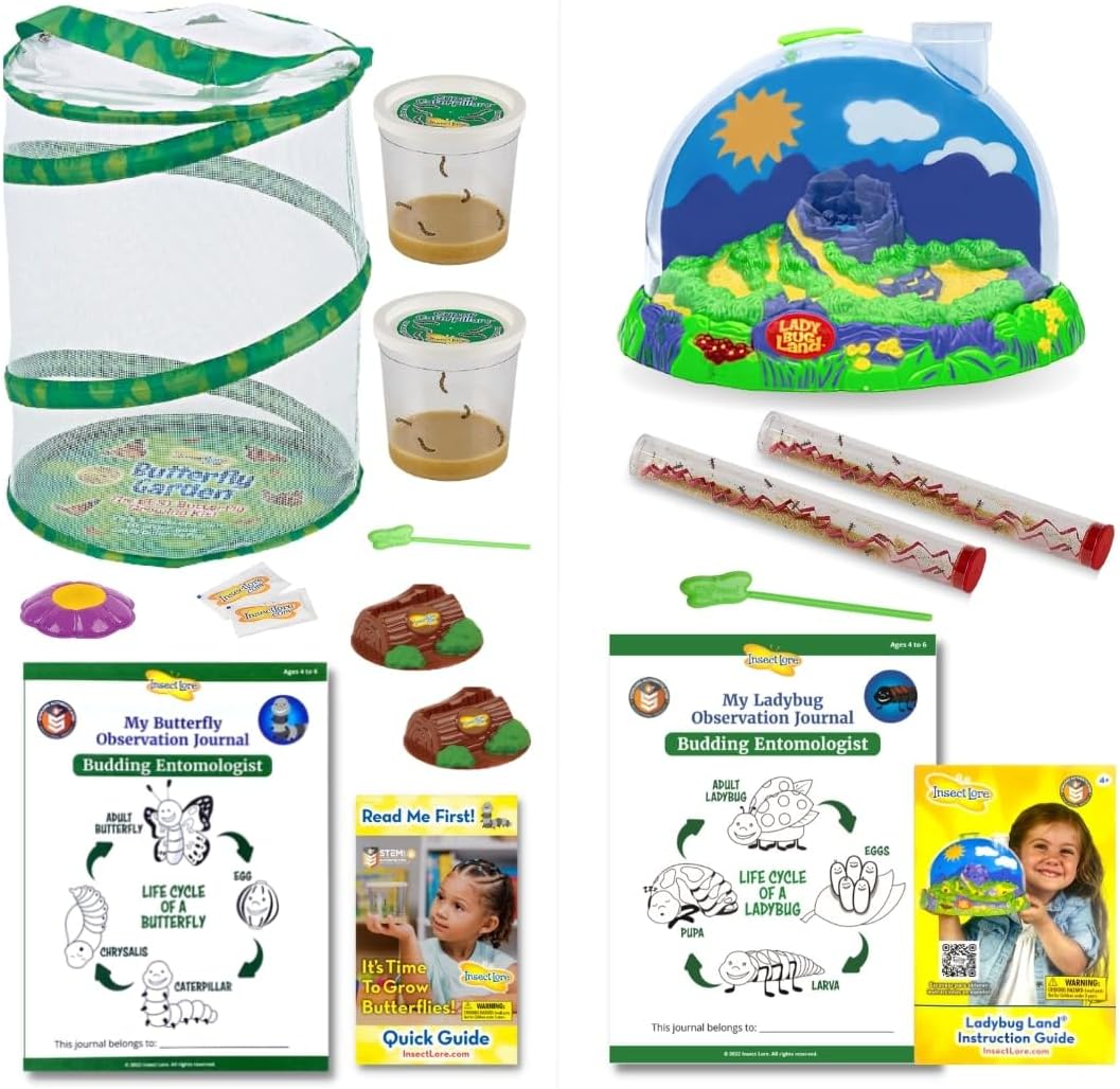 Life Cycle Lessons Bundle | Butterfly Kit with 2 Cups Live Caterpillars | Ladybug Land with 2 Tubes Live Ladybug Larvae | Reusable Habitats, 2 STEM Journals & More