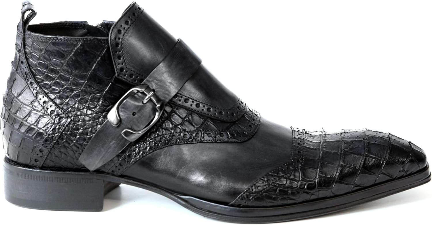 Jo Ghost 3996 Italian Black Leather W/Croc Print Ankle Boots with Zip & Buckle