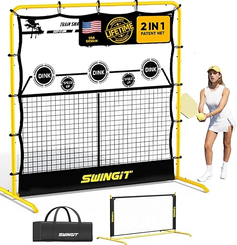 Portable Pickleball Training Net, 2in1 Solo Rebounder Net System for Dinks Volleys Tennis, USAPA Approved Accuracy Trainer Equipment with Carry Bag,