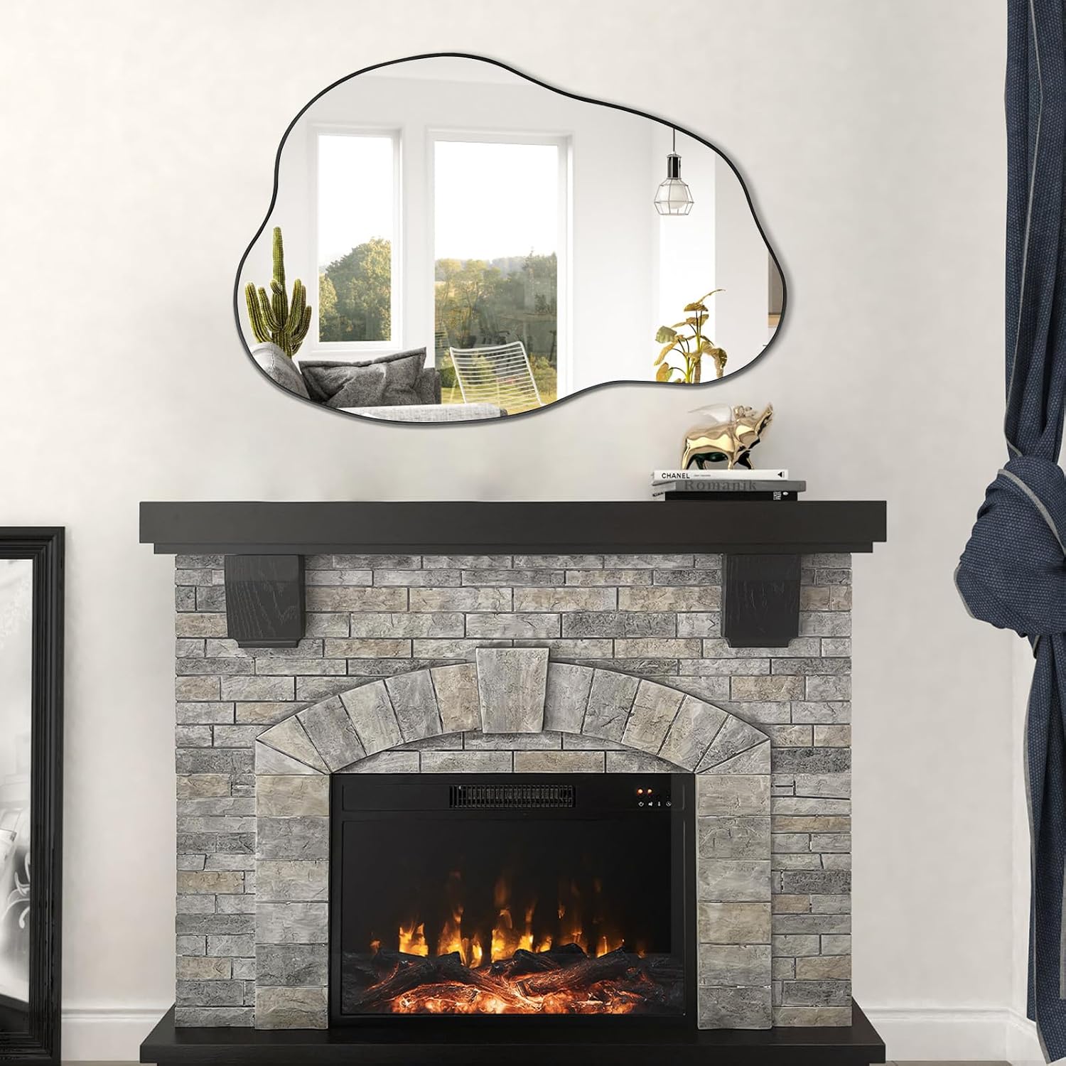 POZINO Asymmetrical Mirror, Black Irregular Mirrors, Cloud Shaped Mirrors, Unique Modern Frameless Mirror for Living Room Bathroom Bedroom Entryway Fireplace,30x20.5
