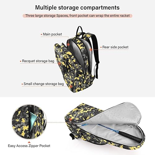 Miniatura 5 de Mochila de tenis de bádminton linda y resistente de camuflaje amarillo negro con 3 raquetas de bádminton para mujeres, hombres, adolescentes bolsos