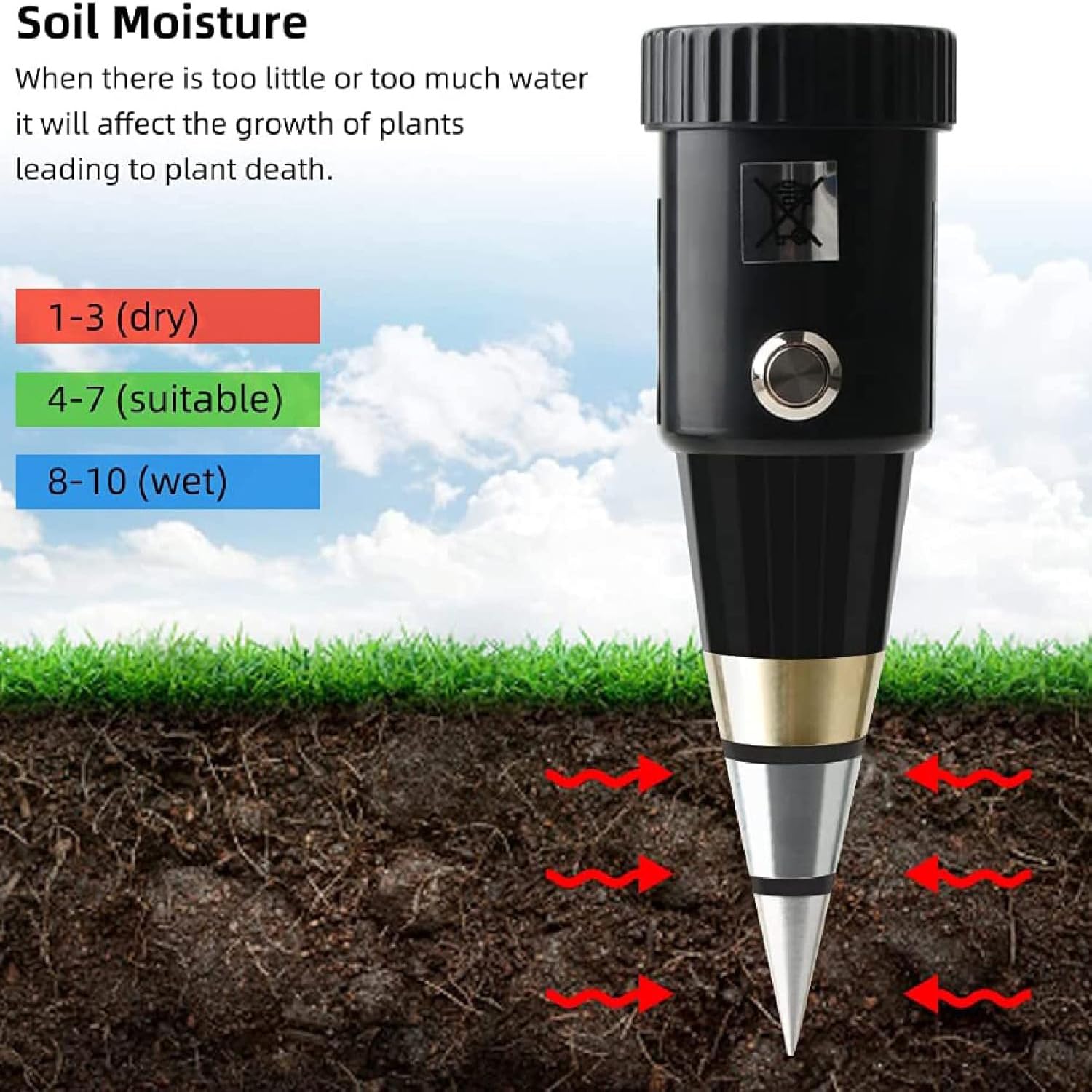 Testeur de sol professionnel, testeur de pH et d'humidité du sol, avec sonde à électrode métallique de 295 mm, haute précision, affichage numérique à cadran clair, favorise la santé des plantes, pour
