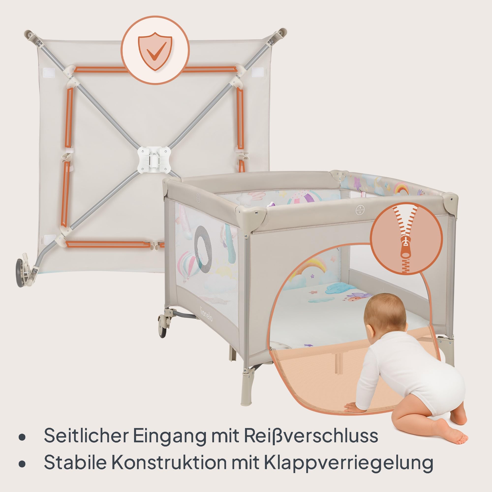 LIONELO Mille Plus Laufstall 100x100 cm mit Komfortmatte mit 3D-Bezug für Babys, bis 15 kg (0–36 Monate), Seiteneinstieg mit Reißverschluss, 2 Rollen mit Bremse, faltbar, Tragetasche