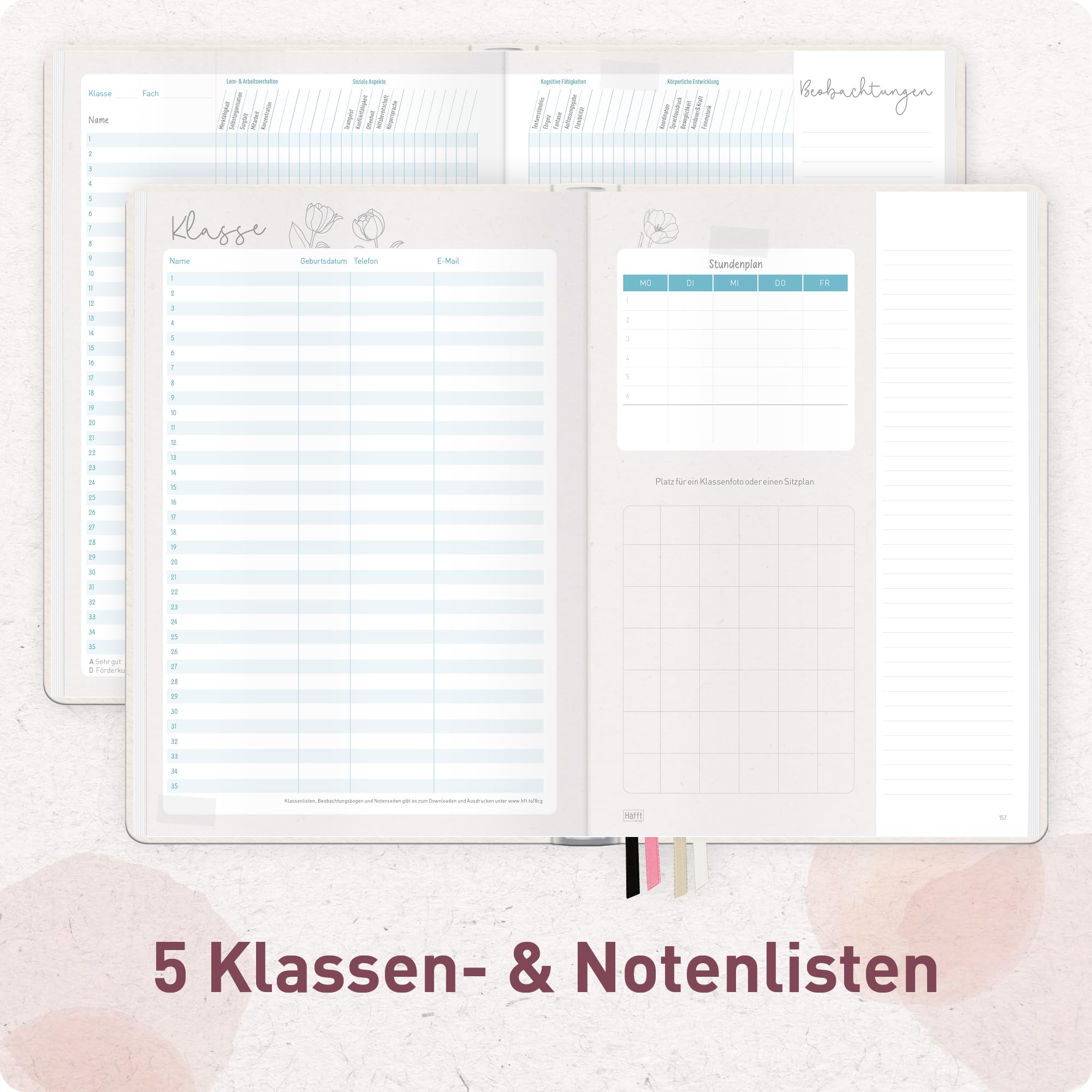 Häfft® Lehrerplaner Grundschule 2026/2027 im A4+ Format Hardcover - Schuljahr 12 Monate (Aug 26 - Jul 27) Lehrerkalender & Unterrichtsplaner für Klasse 1–4 "Soft Flower"