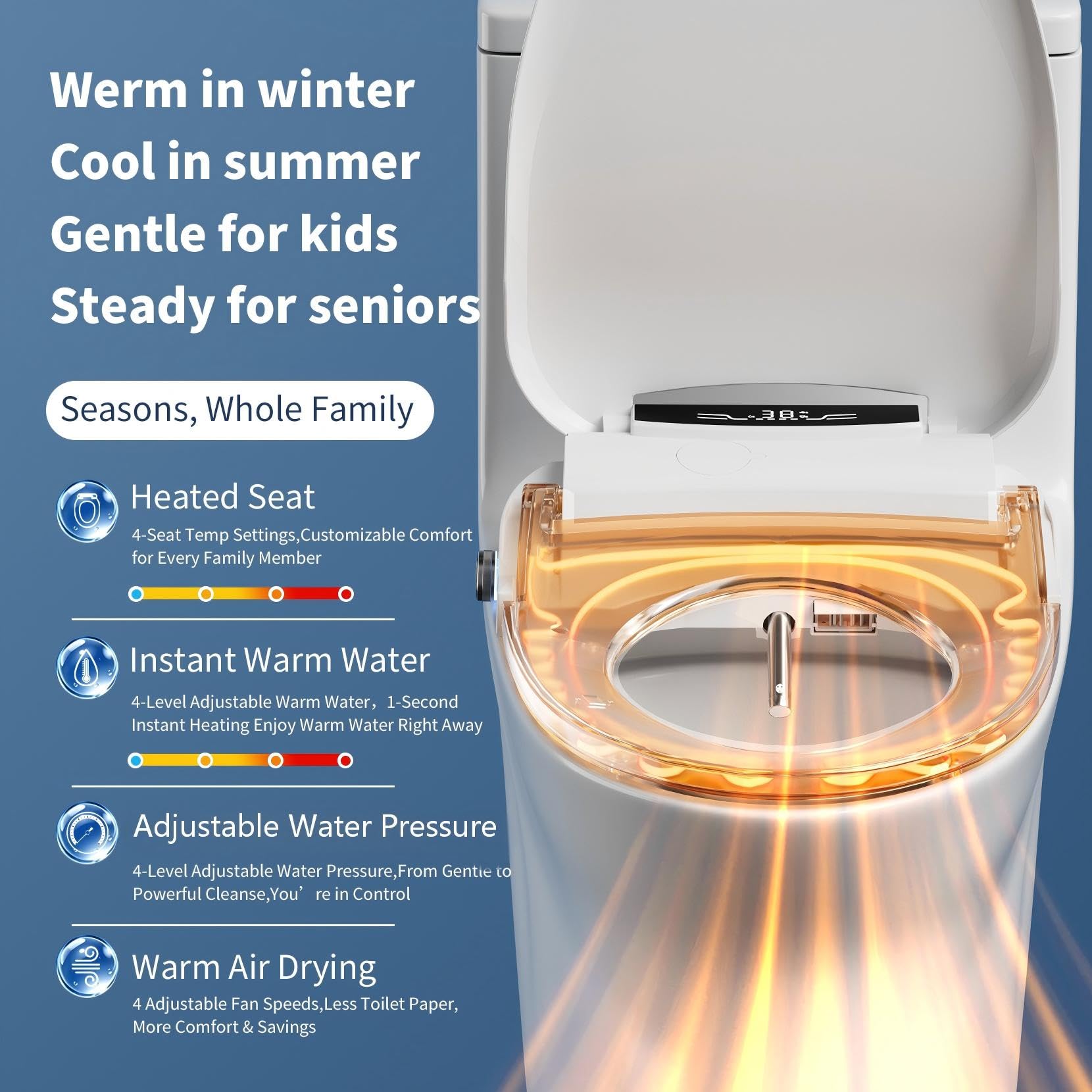 Sedile WC elettrico rotondo, lavaggio riscaldato, pulizia delicata, coperchio a chiusura lenta silenziosa, struttura robusta e durevole, sedile per bidet intelligente di lusso per bagno di