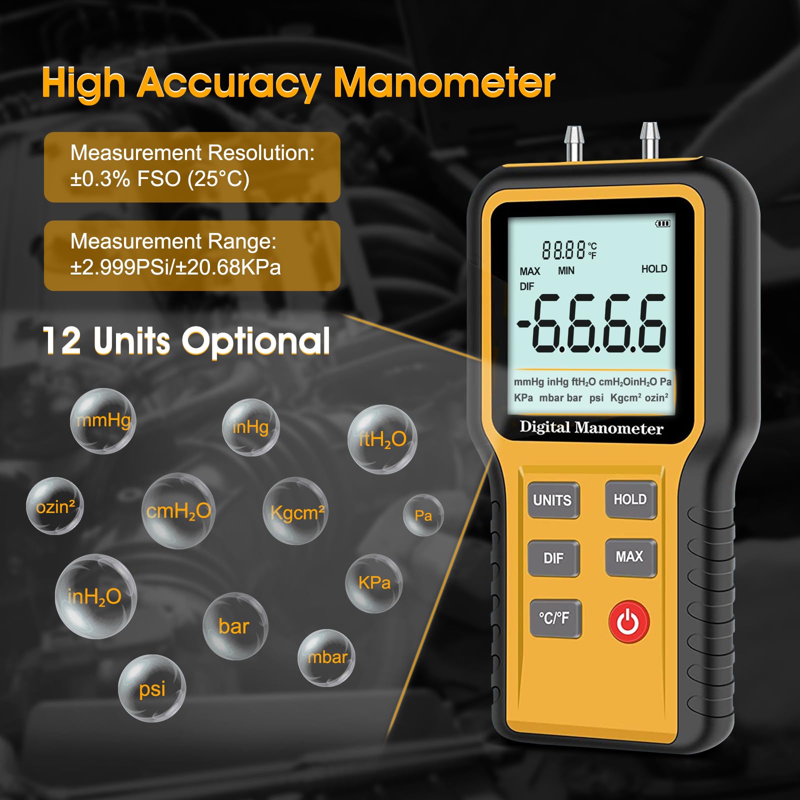 Differenzdruckmessgerät, Digital Manometer Manometer Tester HVAC, ±2.999psi Gasdrucktester, ±20.68kPa Luftdruckmessgerät mit LCD-Hintergrundbeleuchtung, 12 optionale Einheiten Differenzdruckmanometer