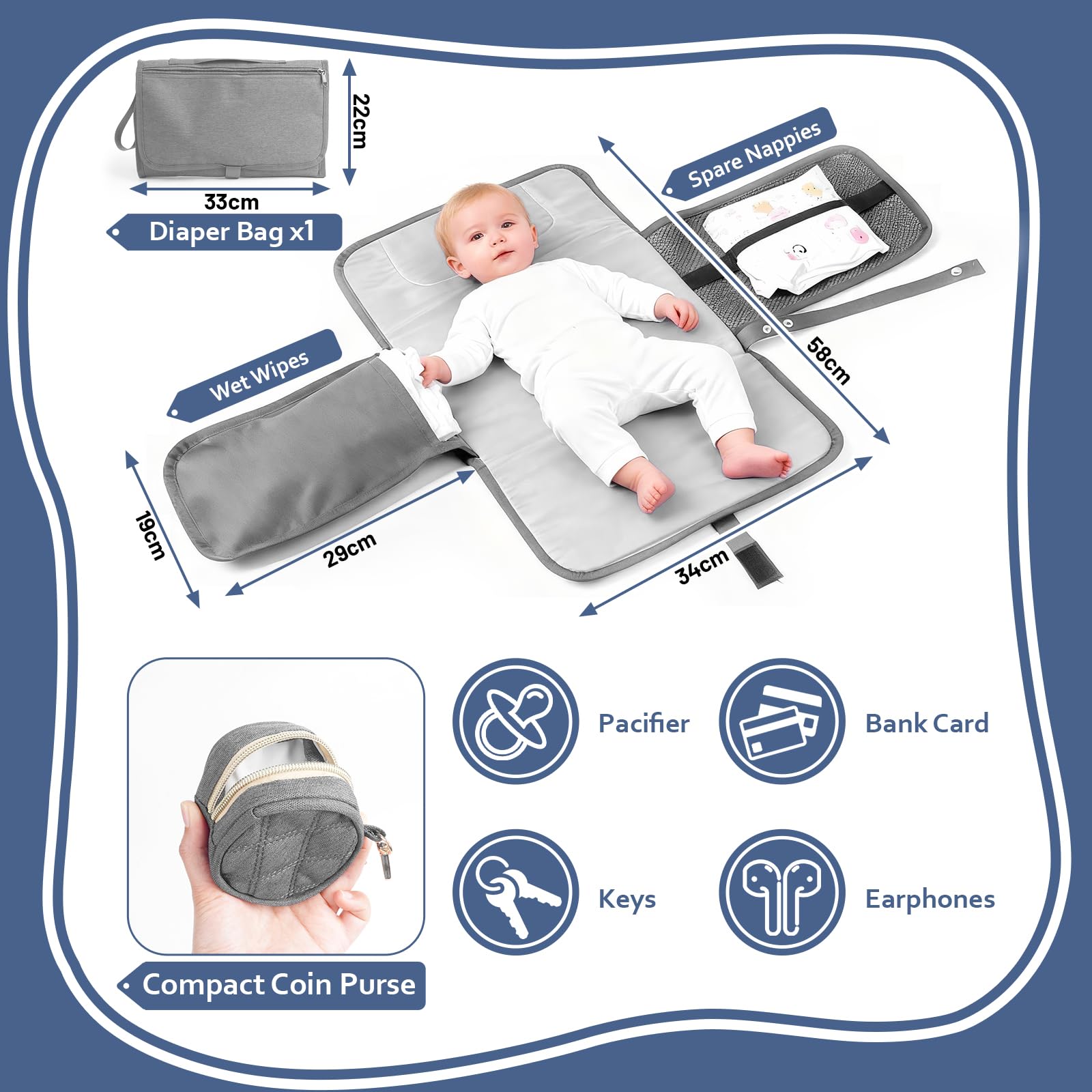 Wickeltasche Rucksack，Wickelrucksack Groß，Multifunktional Diaper Bag mit Mobiler Wickelauflage，Wasserdicht & Leicht，Faltbar Kinderbett，Kinderwagengurte,Babytasche。Baby Wickelrucksack Für Unterweg，Grau