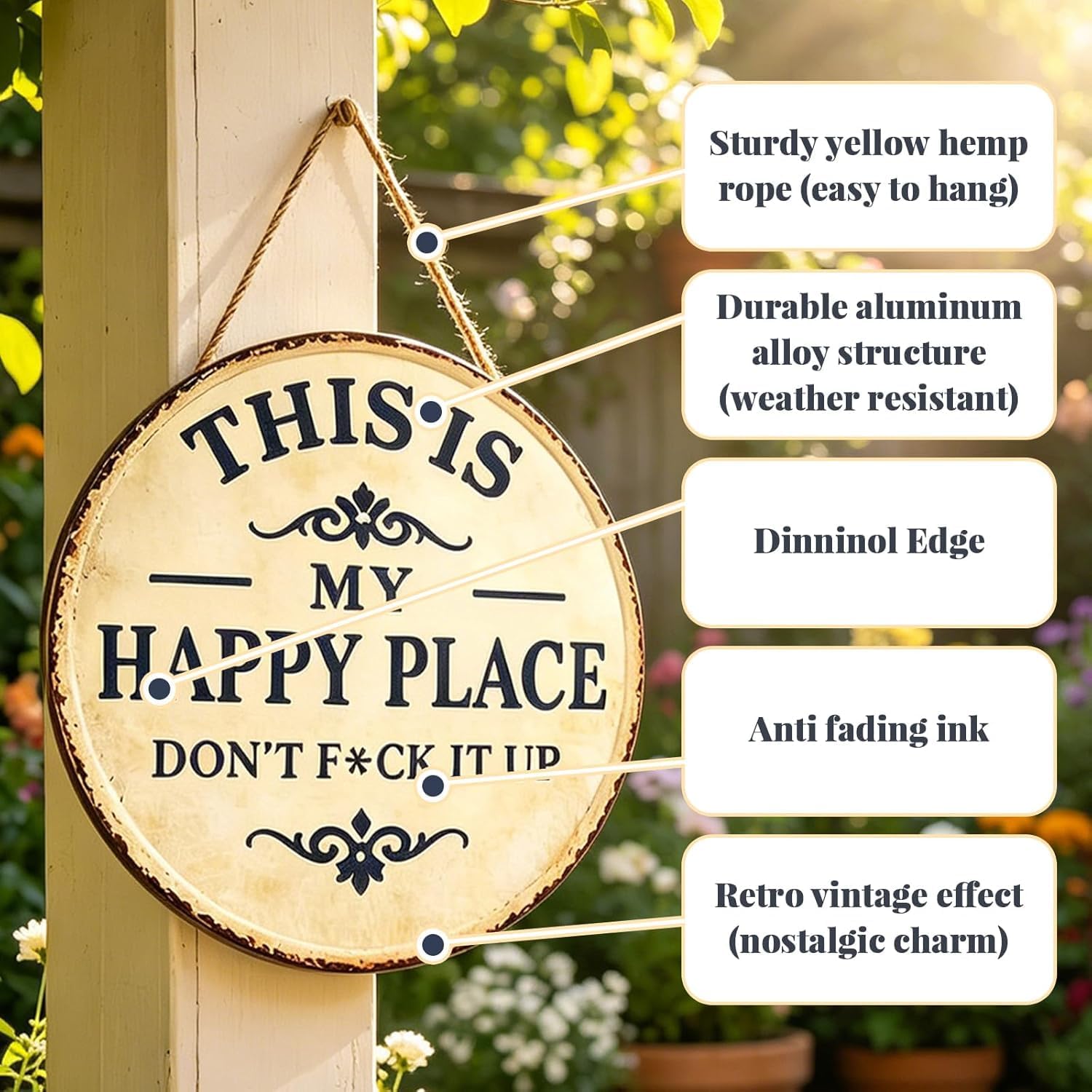 Happy Place – Vintage Statement Metal Sign, "This Is My Happy Place Don't Fuck It Up" Round Garden Wall Decor, Hanging Signs & Plaques, Funny Home Decorative for Front Door (Large, 12inch)
