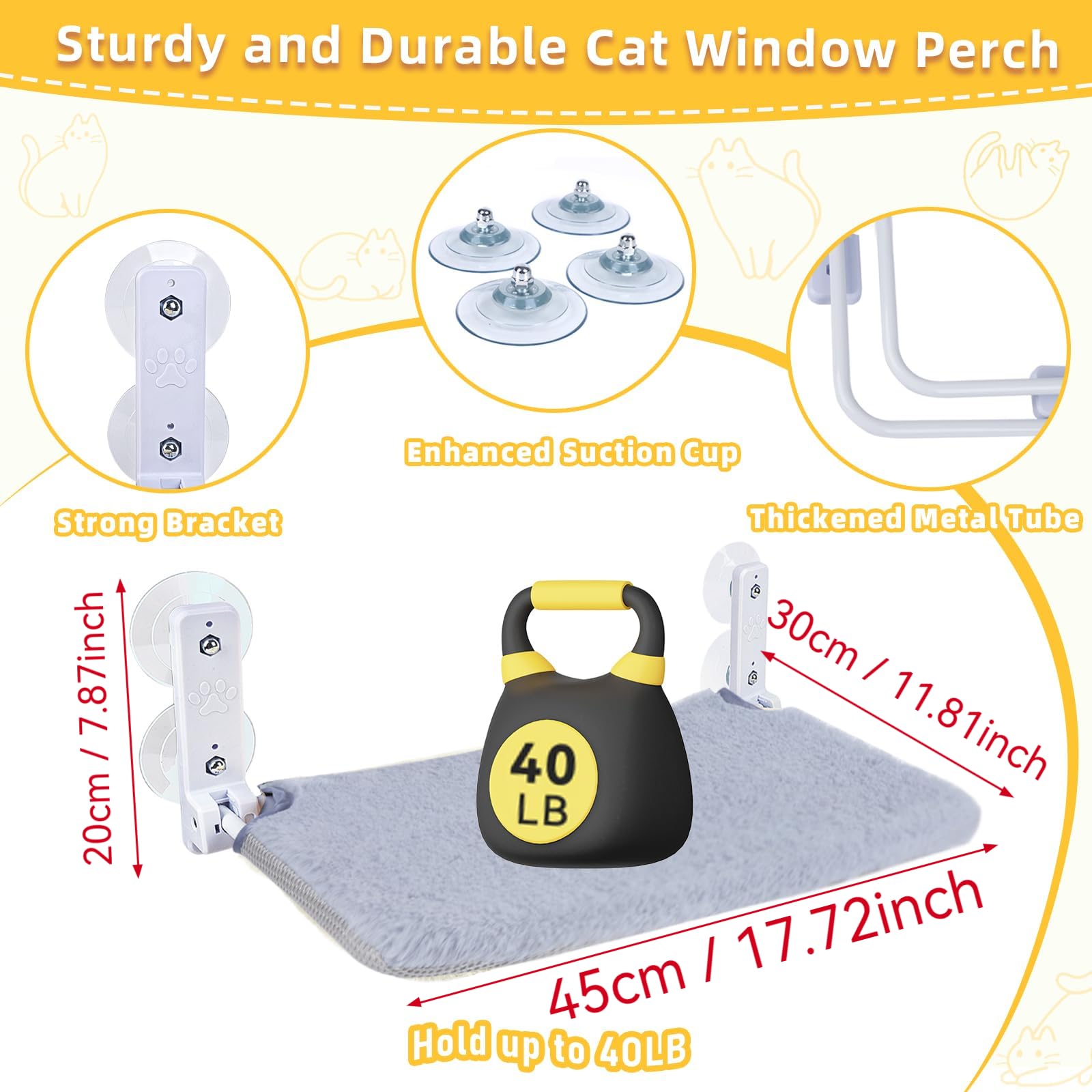 Hamaca para ventana para gatos, cama de felpa, 45 x 30 cm, plegable y estable, 4 ventosas fuertes de hasta 18 kg (gris)