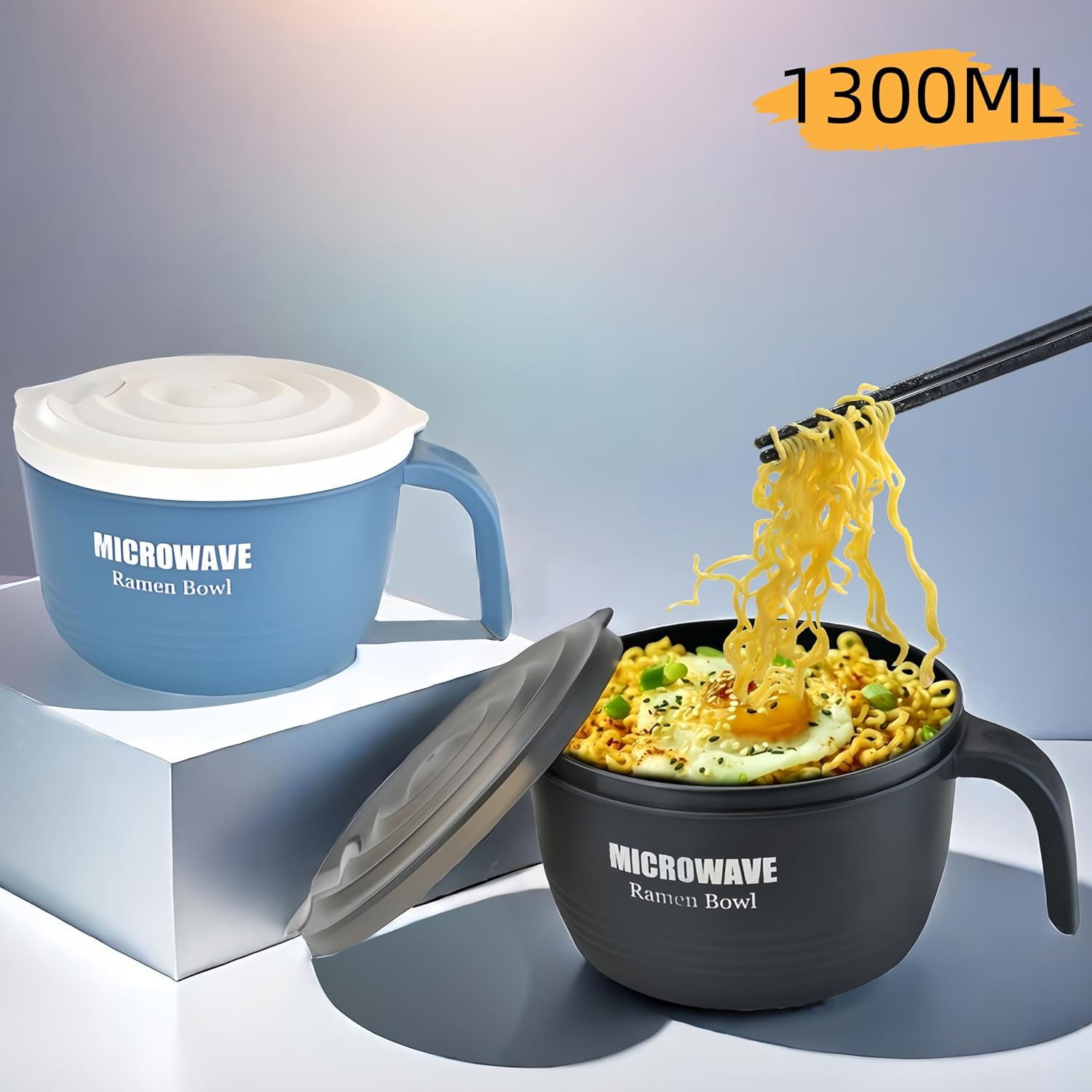 Layron 2 Sets Microwave Ramen Cooker Bowl 45 oz Instant Noodle Bowl with Handles Ramen Noodle Cooker with Spoon Chopsticks Fork Knife College Dorm Room Essentials (Black, Blue) image 2