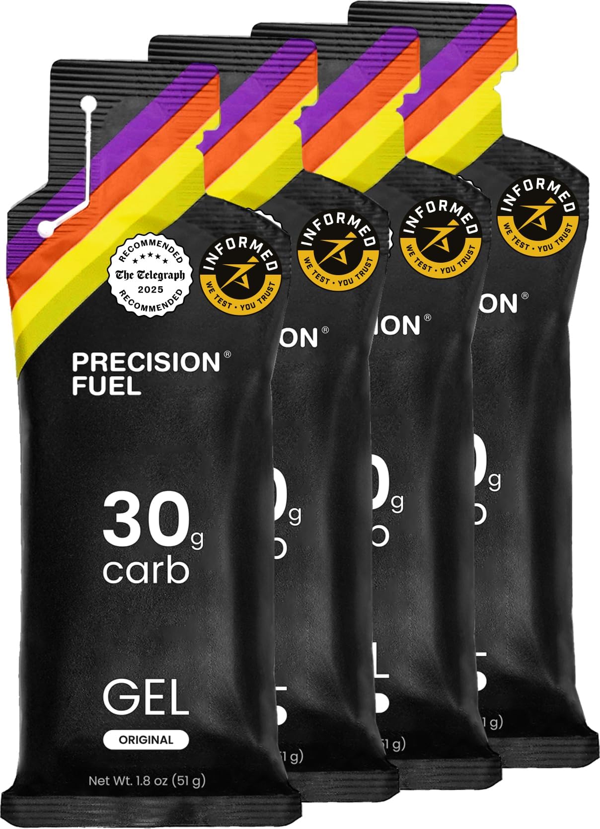 Precision Fuel 30 Energy Gels - Mild, Neutral Flavour Running Gels for Endurance Athletes, 30g Carbohydrate, Easy-to-Digest, Perfect for Running & Long-Duration Sports (Original, 4 gels)