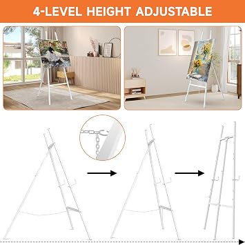 Easel Stand for Sign, Heavy Duty Metal Display Easel with Adjustable Chain, 4-Tier Height Art Easel for Painting, Wedding Sign, Posters & Commercial Display (White)