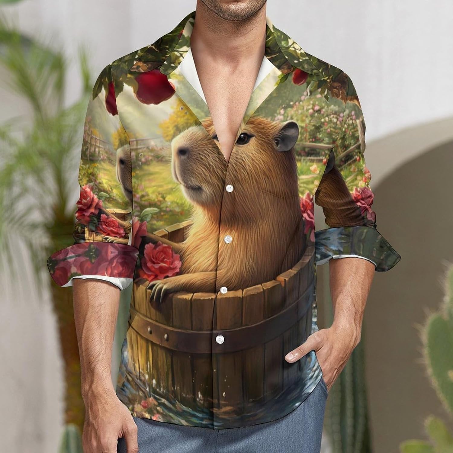 Capybara Long Sleeve Shirts Casual Dress Shirt Button-down T-shirts for Men