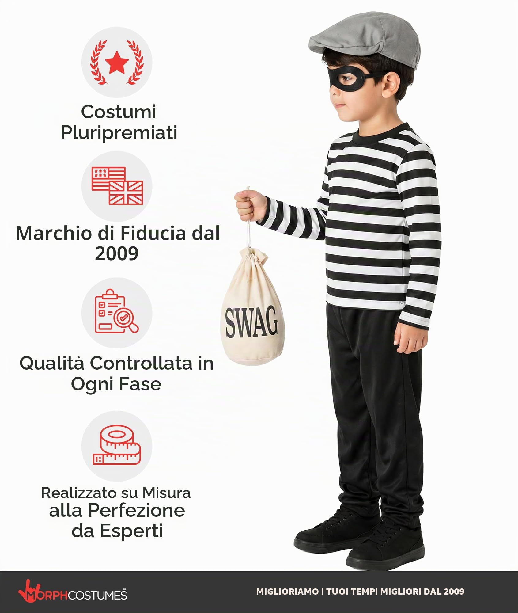 Fun Shack Costume Ladro Bambino, Costume Halloween Bambino | Maglietta a Righe, Pantaloni, Berretto, Mascherina & Sacco del Bottino, Perfetto per Halloween, Ideale per il Gioco di Ruolo