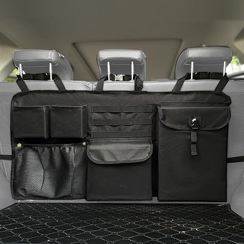 Organizador de maletero de coche con múltiples compartimentos de almacenamiento, bolsillos de malla, color negro