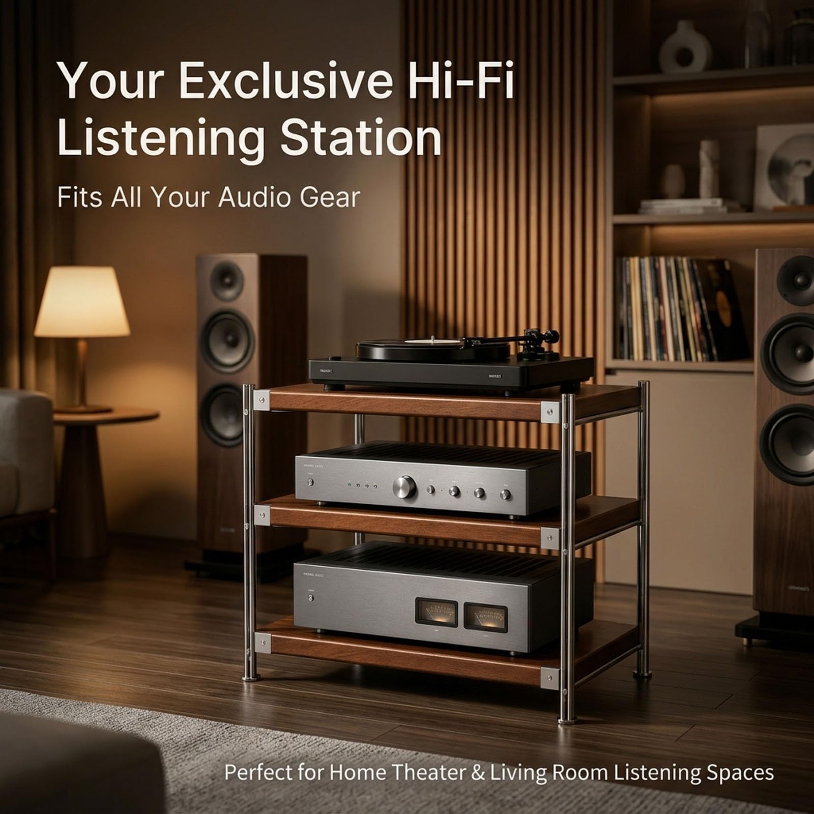 Stereo Cabinet, 2/3/4/5 Tier Open HiFi Media Storage with Shock-Absorbing Foot, Adjustable Shelves, Metal Frame & Thick Wood Shelves for Home Theater Gaming Room(23.6x20x27.5in)