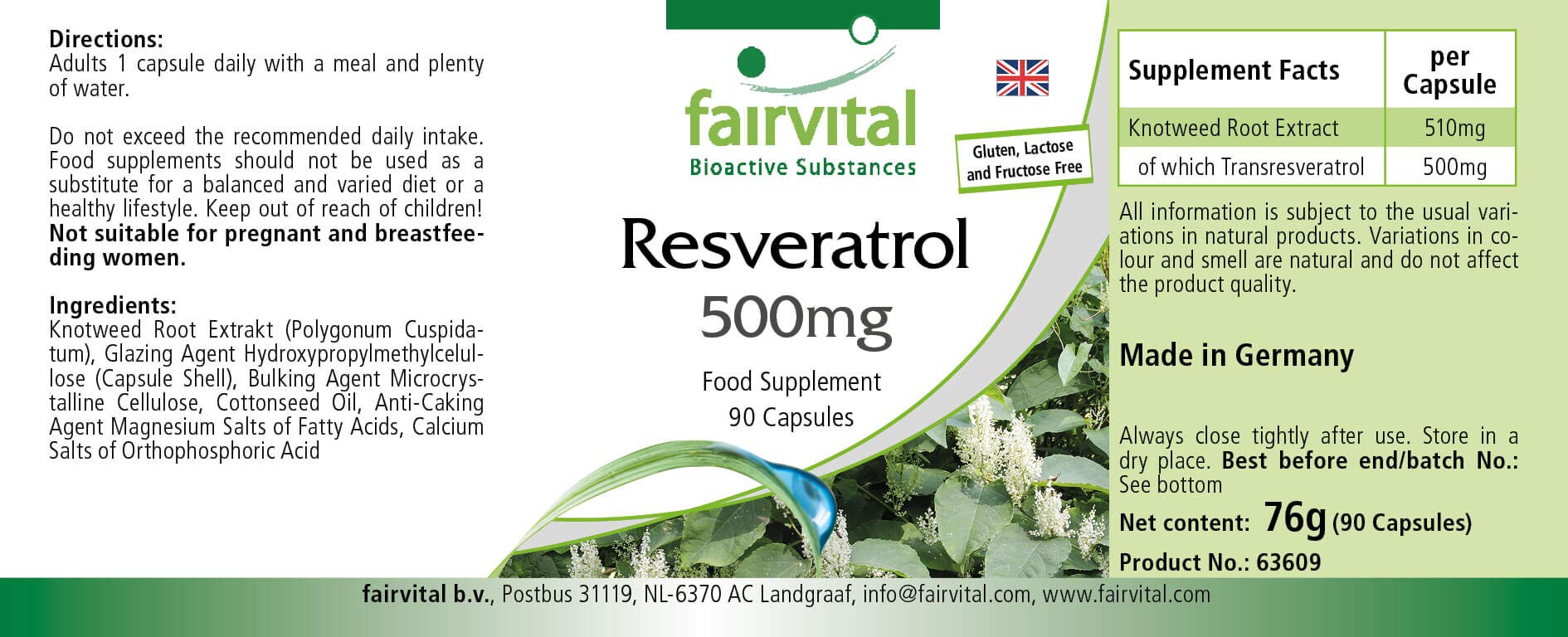 fairvital Resvératrol 500mg, 90 gélules, 500mg de trans-resvératrol par gélule, HAUTEMENT DOSÉ, à base d'extrait de renouée, végétalien