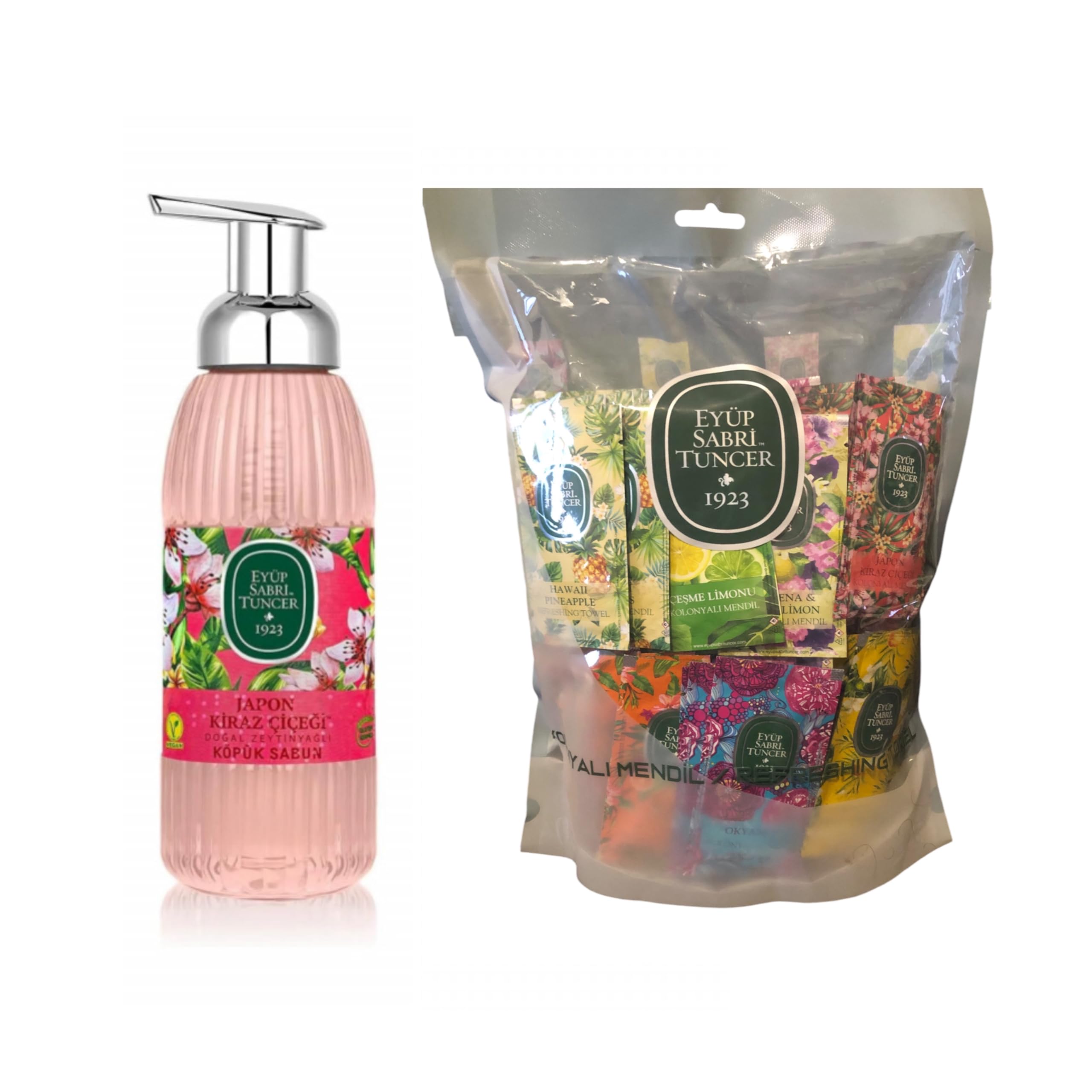 EYÜP SABRİ TUNCER Japoński kwiat wiśni, oliwa z oliwek, mydło piankowe 500 ml + chusteczki odświeżające, opakowanie 150 sztuk, 5 x 10 cm, przetestowane wegańsko i dermatologicznie, delikatne