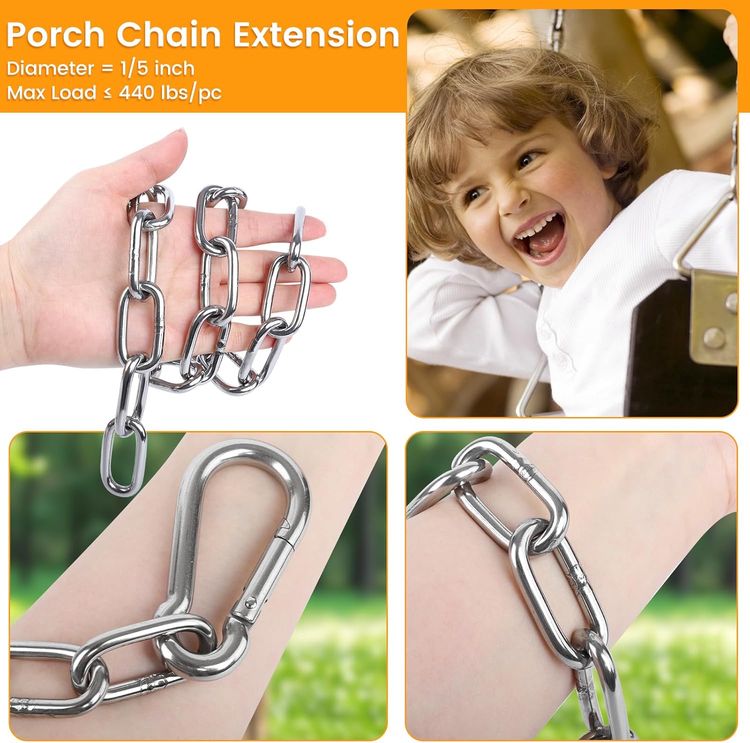 2 Pack 30 Inch Heavy Duty Chains for Swing, 440LB Hanging Chair Chain with 5/16 Thick Clasps, Adjustable Stainless Steel Chain Extension for Porch Tree Swing Hammock Chair Boxing Bag Yoga Gym 3 71FZT9hYzcL. AC SL1500