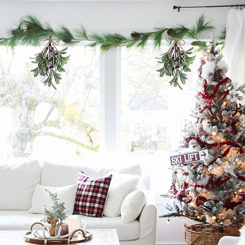 Miniatura 4 de 4 púas de muérdago artificiales, decoración de muérdago navideño de 9.1 pulgadas con bayas rojas, tallos florales de muérdago artificiales, adorno