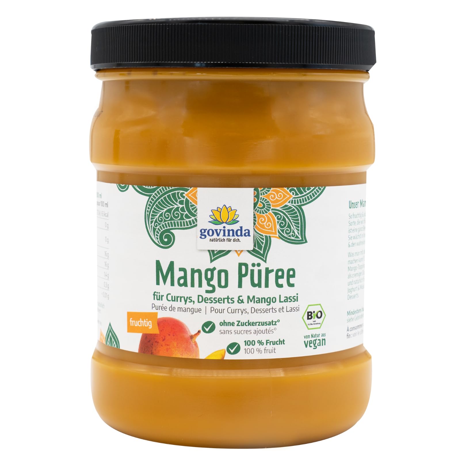 Govinda Mango Püree aus Alphonso-Mangos (975 ml) – 100 % Frucht, ohne Zuckerzusatz I für Smoothies, Desserts, Saucen & Cocktails – Herkunft Indien, abgefüllt in Deutschland