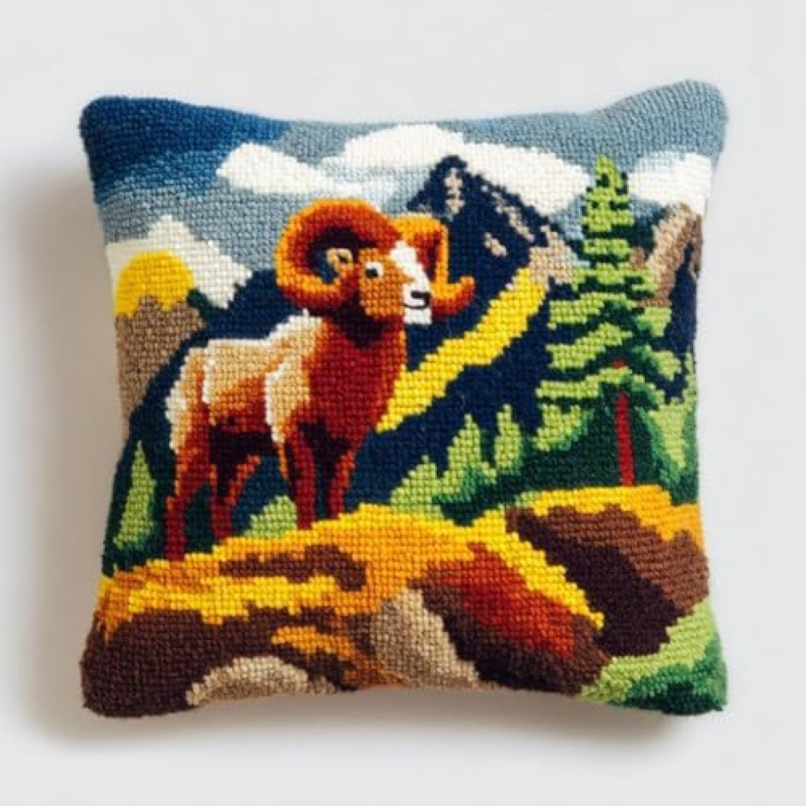 kitphoenix Latch Hook Kit for Adults Beginners,Bighorn Sheep Alpine Meadows,DIY Cushion Cover Craft Kit with Pre-Printed Canvas,Yarn and Hook,43x43 cm Pillow Cover Making Set