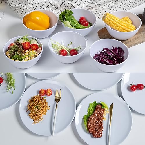 Webbylee Juego de cuencos y platos llanos de melamina para cereales  6 piezas blancas para uso diario, apto para lavavajillas, duradero, resistente