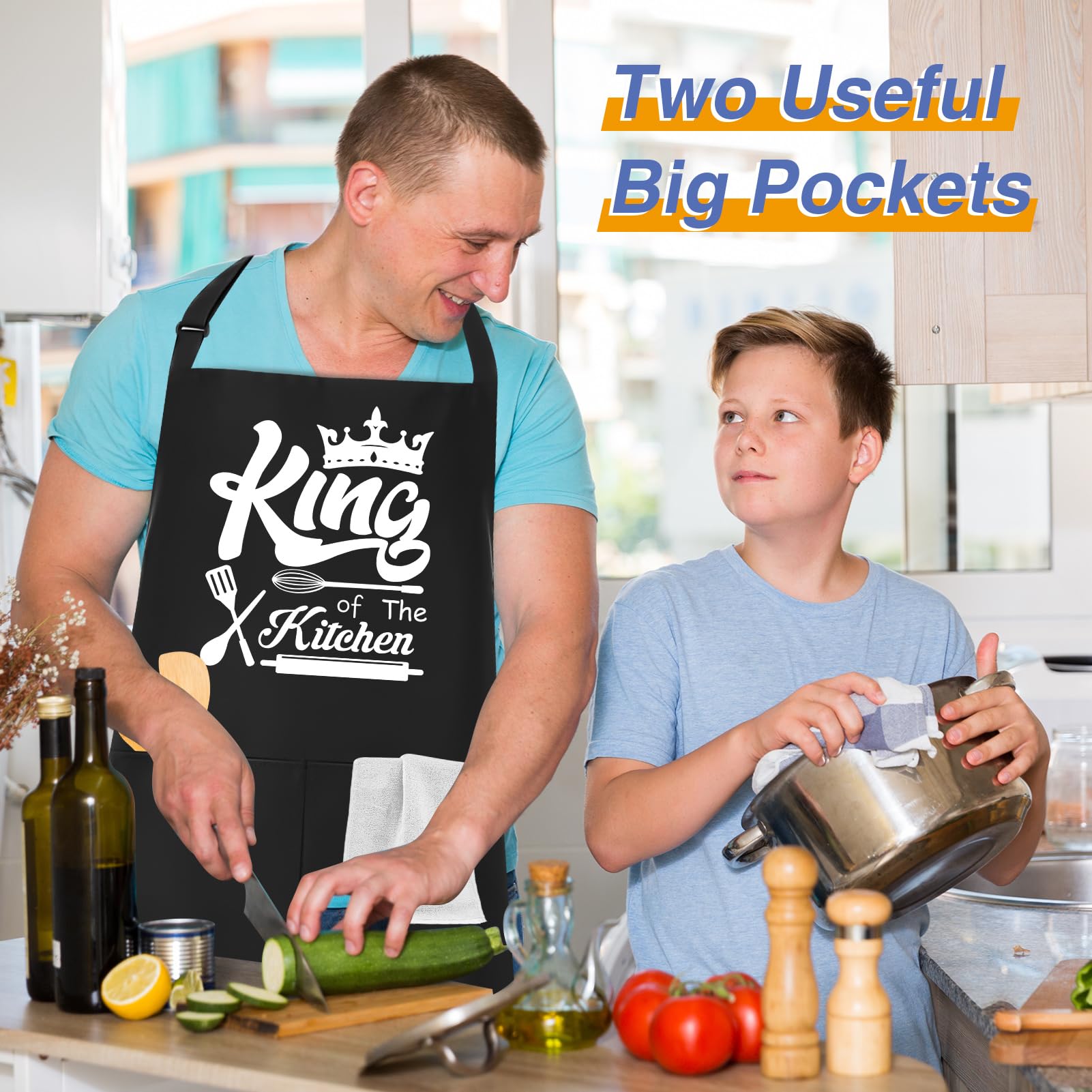 Delantales divertidos para hombres, 39 x 39 pulgadas, delantales de tamaño grande, delantales de cocina King of The Kitchen, delantales personalizados para hombres, delantales ajustables para