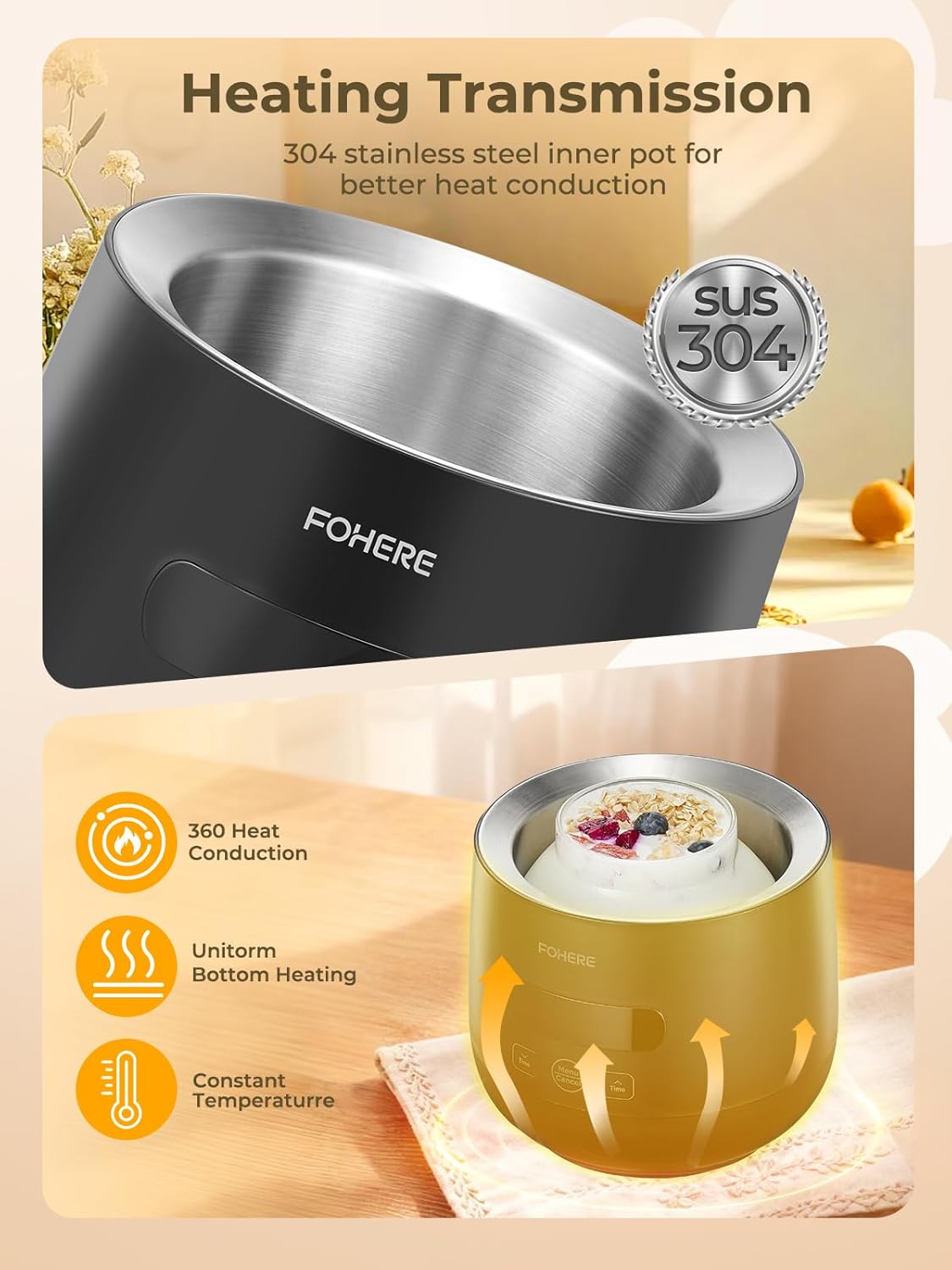 Close-up of the FOHERE Yogurt Maker's 304 stainless steel inner pot