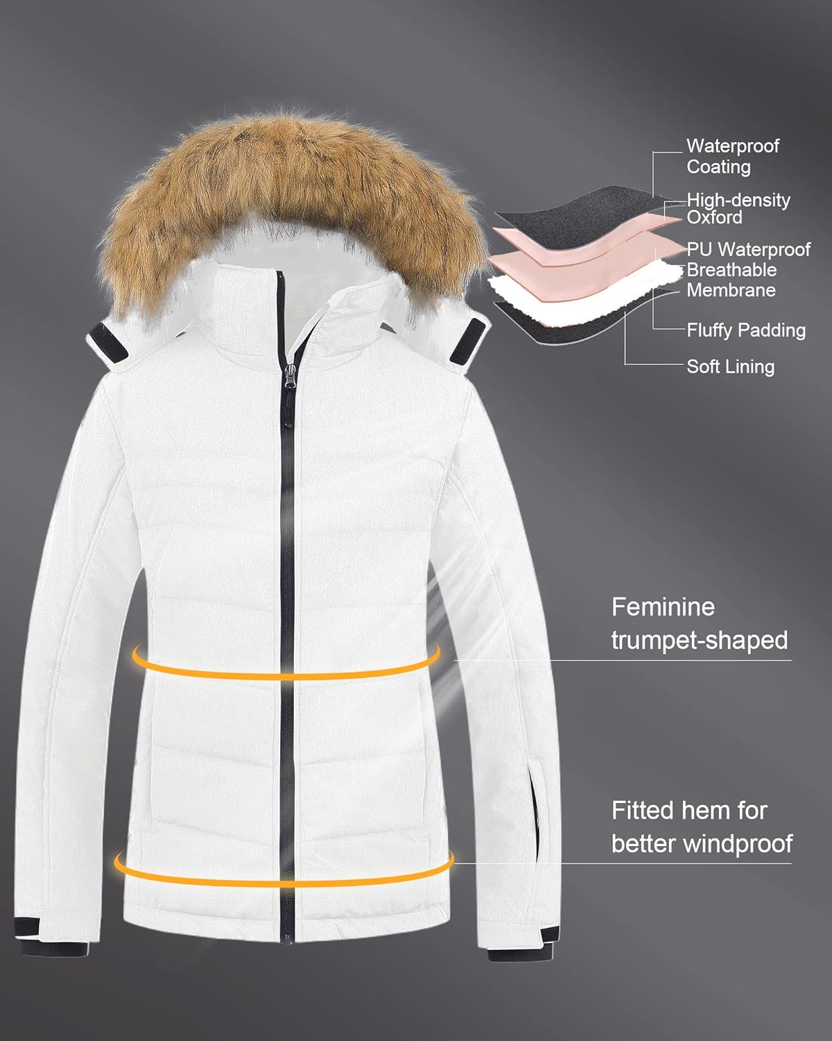 Pursky Women's Waterproof Ski Jacket Winter Puffer Snow Coat Fur Hooded Raincoat - Image 5
