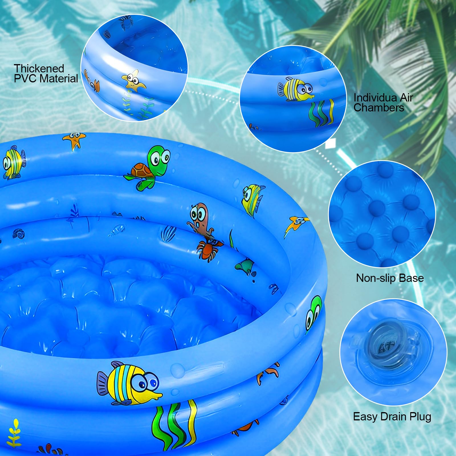 Planschbecken Ø100cm,Aufblasbarer Pool,Aufblasbares Planschbecken,Schwimmbad Kinder,Planschbecken für Kinder,Kinderplanschbecken,Aufblasbares Kinderpool für Zuhause,Outdoor,Garten,Strand,Balkon (Blau)