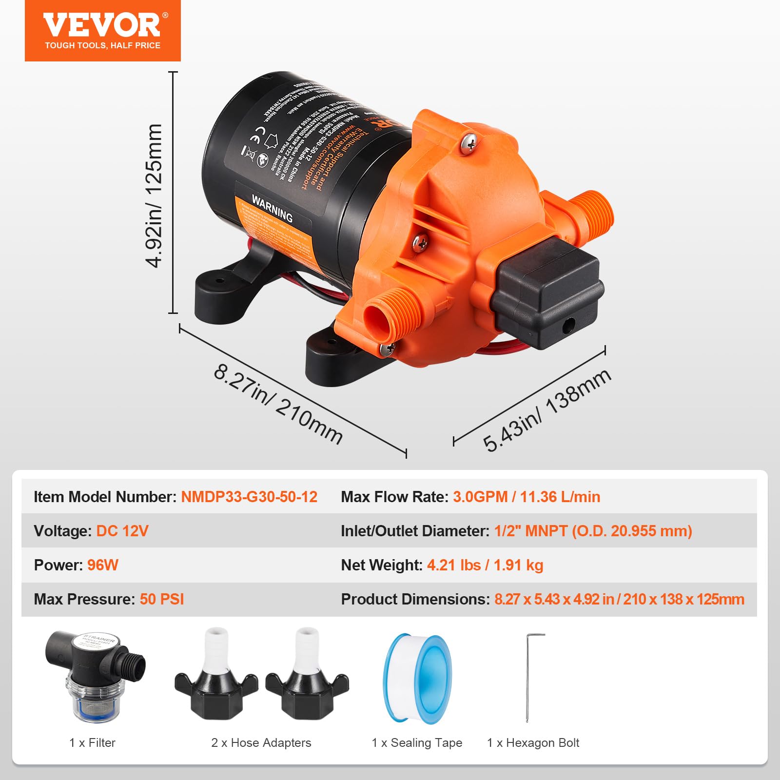 VEVOR Pompa a Membrana 12V, 3 GPM 11,36 L/min, Pompa per Acqua a 3 Camere 12 Volt CC con Pressostato Automatico 40-100 PSI Regolabile, 50 PSI, Porta MNPT per Camper Yacht Food Truck Camper Nautica