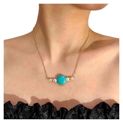W WEILIRIAN Collar con colgante de turquesa, gargantilla de perlas vintage, collar redondo de piedra turquesa, collar de piedra natural, collar de