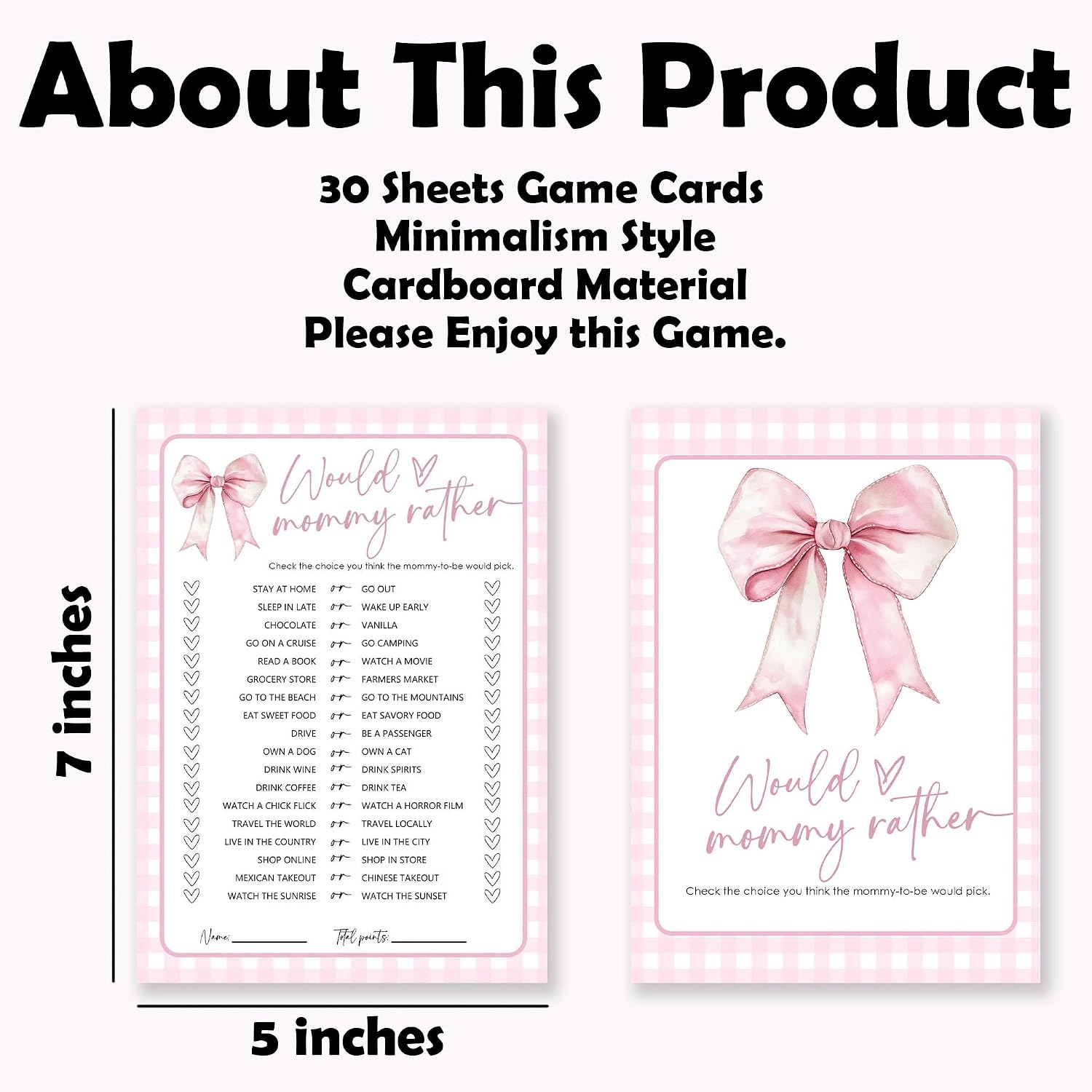 Baby Shower Games Would Mommy Rather, 30 Pink Bow Game Cards For Girl, Baby Announcement Gender Neutral, Funny Activity Favors And Decorations -C04 image 2