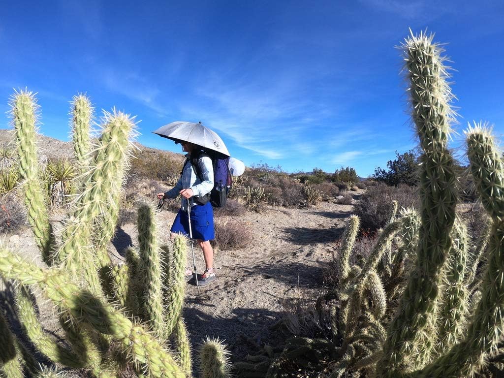 Six Moon Designs Silver Shadow Carbon - 6.8 oz Ultralight Hiking Umbrella - UPF 50+ Sun & Rain Protection - Hands-Free Ready for Thru-Hiking - Silver Reflective