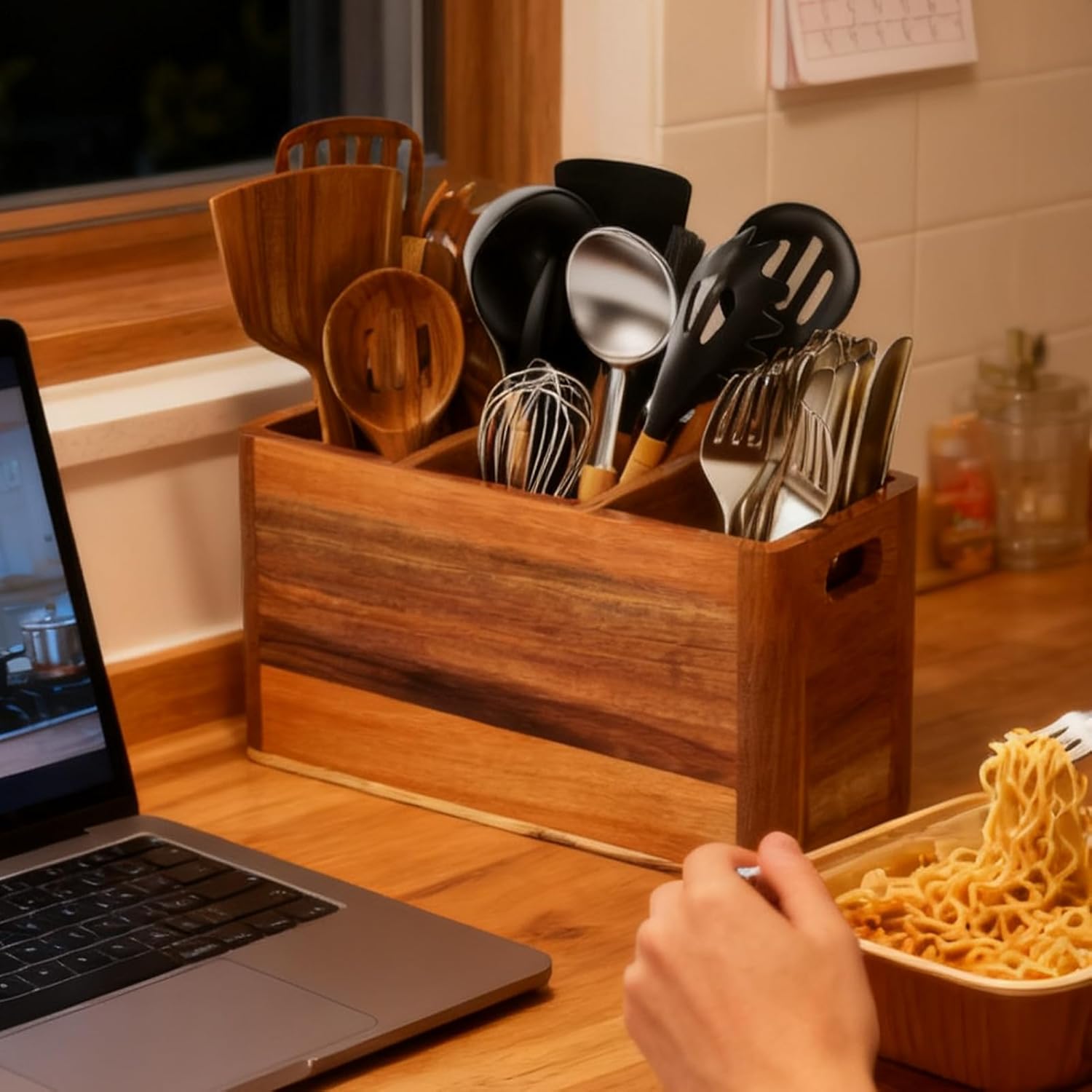 Utensil Holder, with Drying Holes Handle Organizer, Wooden Utensil Holder Kitchen Supplies, for Silverware Spoon Spatula Cutlery Home Restaurant Cabinet Pantry