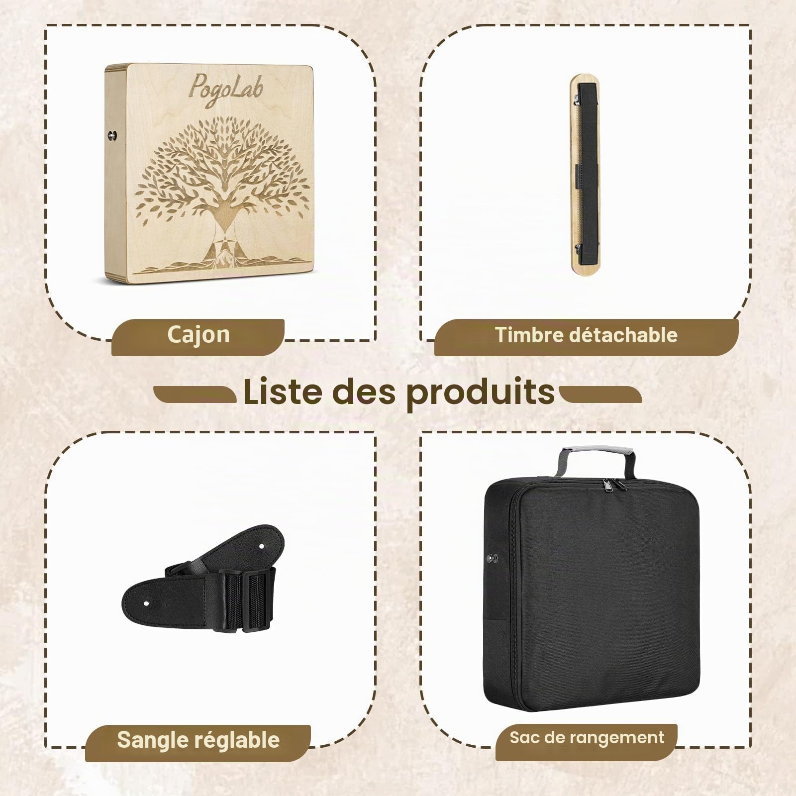 POGOLAB Cajon de voyage multi-tons, cajon box drum portable avec sac de transport et sangle, cahon en bouleau avec motif artisanal, instrument de percussions cadeau pour débutant