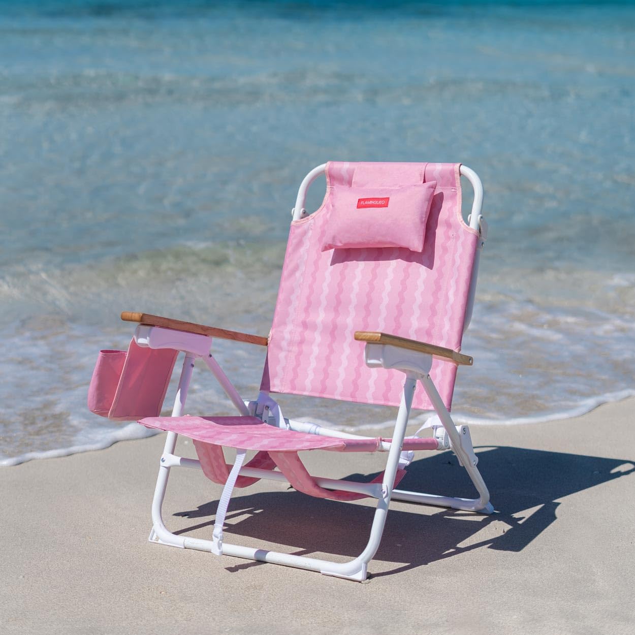 Flamingueo Silla Playa Plegable - Reclinable 5 Posiciones - Bolsillo Insulado Frío - Bolsillo para Móvil - Asas Mochila - Almohada Ergonómica - Aluminio y Poliéster - Rosa