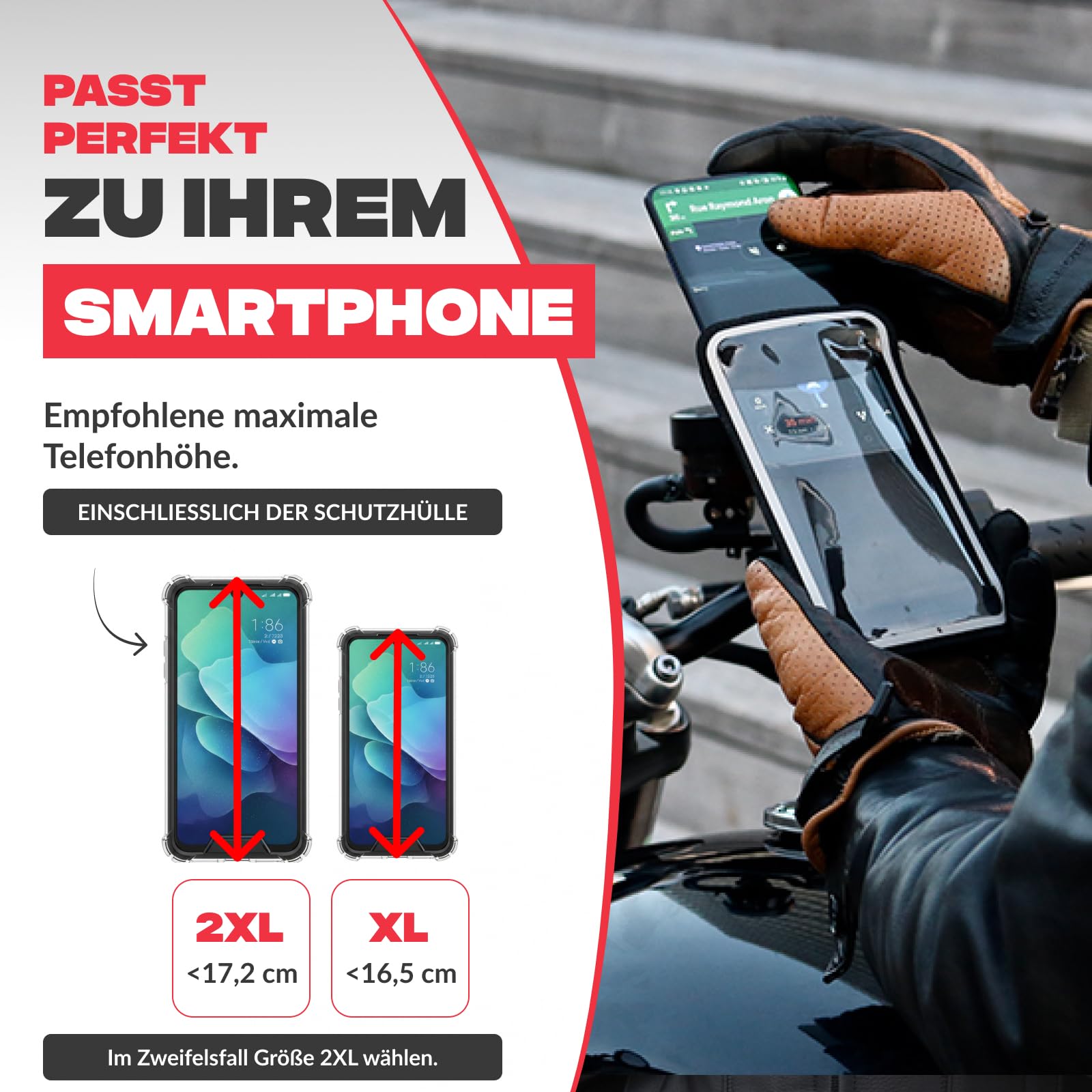 Shapeheart Motorrad-Handyhalterung PRO mit Abnehmbarer Hülle & Booster 360° | Für alle Handys | Schraubhalterung 22–32 mm | Weatherproof | 1-Hand-Bedienung | Dämpft Vibrationen | GPS, Roller, E-Scooter